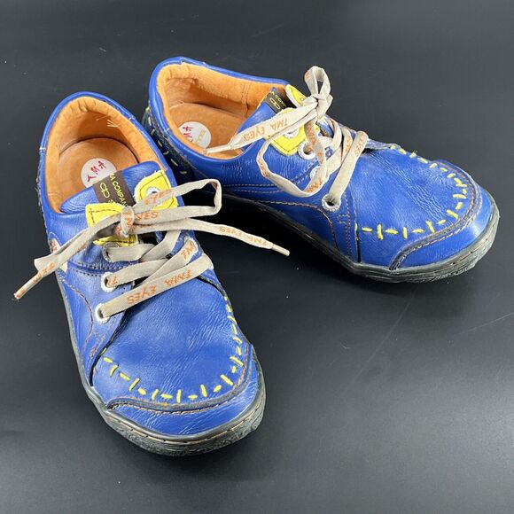 TMA Eyes Time Blue Leather Lace Up Sneakers Women’s 7 Yellow Stitching Shoes - Picture 15 of 16